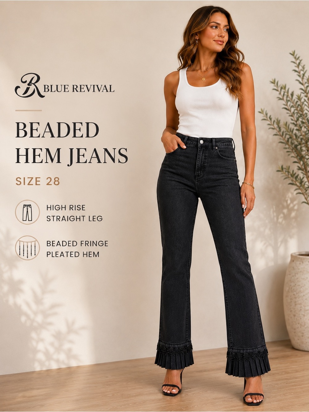 Blue Revival High Rise Beaded Fringe Pleated Hem Jeans Black Size 28